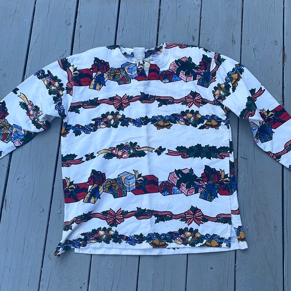 vintage christmas sweater, fruit, presents, and bells pattern, no damage